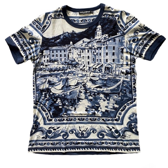 Dolce & Gabbana White and Blue Ceramic Printed Crew Neck T-Shirt M (IT 50) M28